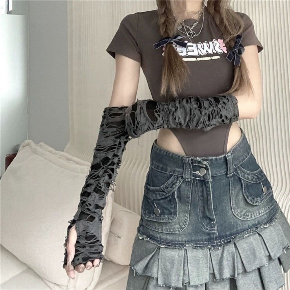 Long Punk Gloves Distressed St - Fingerless Glove Knit 评论和价格